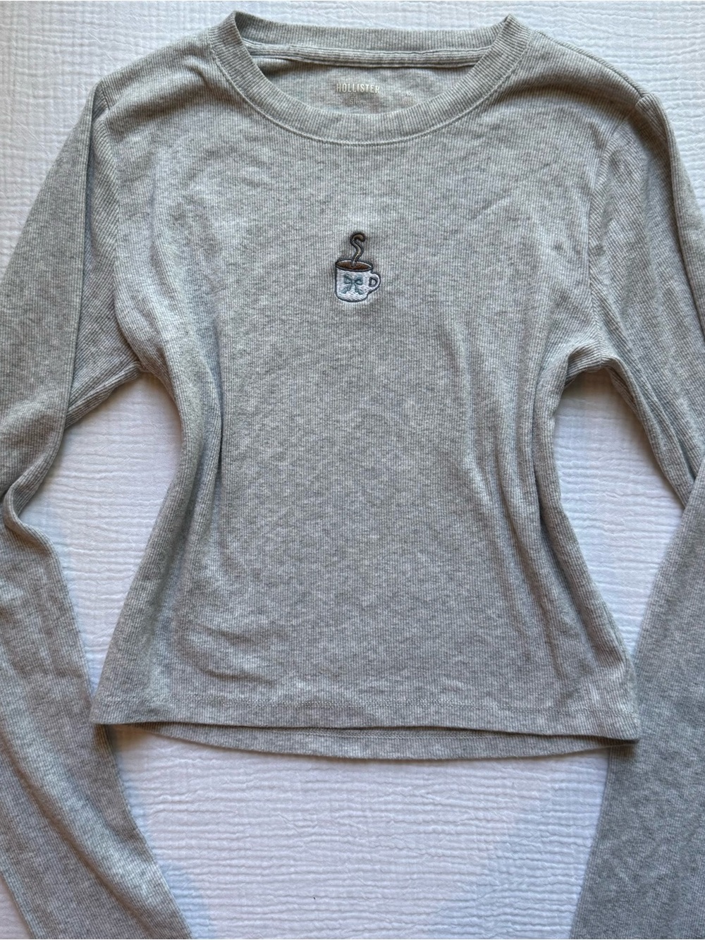 Hollister Women's Gray Long-Sleeve Top with Coffee Patch